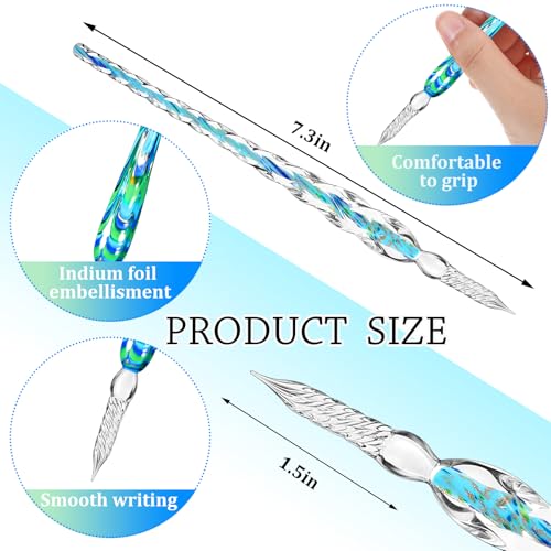 Zonon 14 Pcs Glass Dip Pen Ink Set for Art Supplies, Blue Color Style | 6 Crystal Dip Pen with 6 Colorful Ink 2 Holder, Crystal Signature Calligraphy Pen, Art Writing Supplies, Artists Teacher Gift - color: Blue Color System