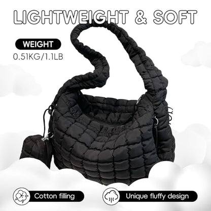 Puffer Tote Bag for Women, Large Quilted Puffer Bag with Pouch, Puffy Quilted Hobo Bag, Puff Crossbody Purse - color: 2-black