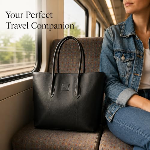 Tote Bag for Women with Zipper – Lightweight PU Leather Travel Purse, Shoulder Tote Bag for Work & Vacation – Black