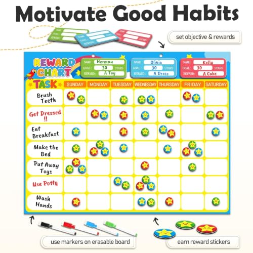 Magnetic Reward Chart for Kids, Customizable Dry Erase Weekly Chore Chart - size: 3 Kids-Stars