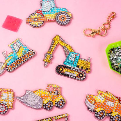 Labeol Arts and Crafts for Kids - Creat Your Own GEM Keychains-5D Diamond Painting by Numbers GEM Kits for Kids Girls Toddler Age 6-7 6-8 10-12 - style: Engineering Vehicles