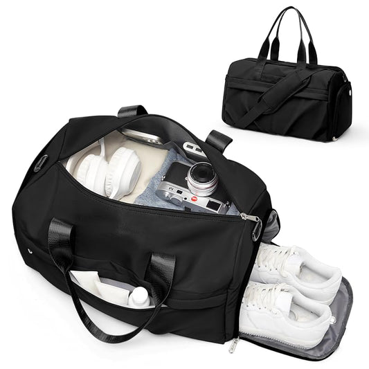 Gym Bag for Women with Shoe Compartment, Sport Travel Duffel Bag for Men | Waterproof Weekender Overnight Carry on Duffle Bag with Trolley Sleeve for Traveling, Yoga, Gym, Airplane -Black - color: Black