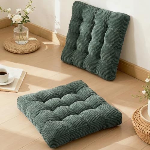 Meditation Floor Pillow Set of 2,Memory Foam Meditation Cushion for Adults Sitting, Large Square Thickened Seat Cushions for Yoga, Tatami Living Room (2, Dark Green) - color: Dark Green