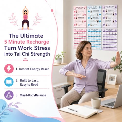 Tai Chi Chair Workout Chart Poster Set,6 Laminated Exercise Charts,30-Day Seated Tai Chi Routine