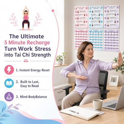 Tai Chi Chair Workout Chart Poster Set,6 Laminated Exercise Charts,30-Day Seated Tai Chi Routine
