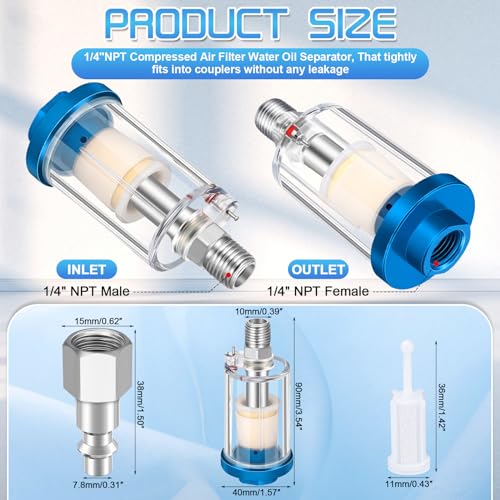 Air Compressor Oil Water Separator Filter,1/4'' NPT Inlet and Outlet Airbrush Filter Moisture Oil Water Separator for Spray Paint Air Line Compressor Fitting (12)