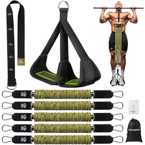 ALongSong Pull Up Assistance Bands with Foot Support Pedal - Upgraded Heavy Duty Resistance Bands Adjustable Weight/Height with Bands&Measured Strap for Strength Training Home Gym - color: Green, size: 4 Bands with 80lbs