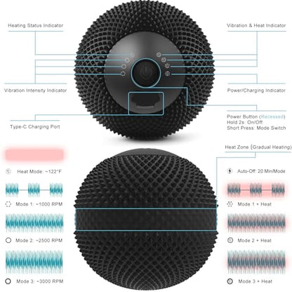 Vibrating Massage Ball with Heat, 7 Modes, Memory, Myofascial Release, Deep Tissue Muscle Recovery Ball for Trigger Point Massage - Foot, Neck, Leg, Back & Hip Flexor Release Tool (Black) - color: Black
