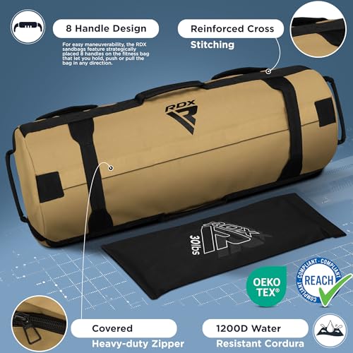 RDX Sandbag for Fitness Weights Training, Unfilled Power Bags with Handles, 5-200 LBs Adjustable Weighted Slam Bag for Strength Powerlifting Running Heavy Workout Home Gym Exercise, Sold AS UNFILLED - color: KHAKI, size: 5 TO 25 LB