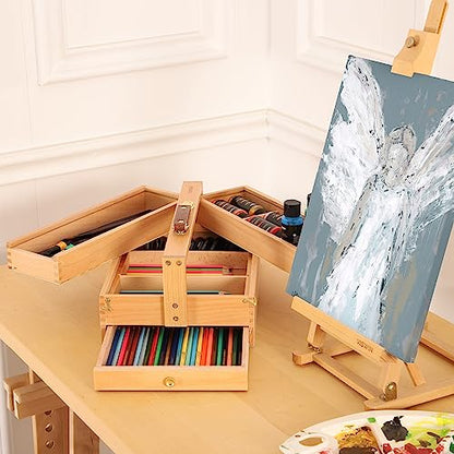 VISWIN Multi-Function Artist Storage Box, Portable Solid Beech Wooden Tool Box with Drawer, Three Layers Art Supplies Storage Box for Paint Brush, Pen, Pastel, Paining Supplies, 13 1/2" x9 1/2"x5" - size: Three Layers