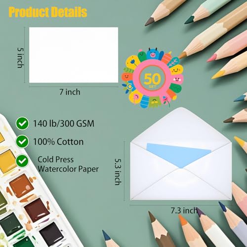 50 Sets Pure Watercolor Cards with Envelopes, 140lb/300GSM Cotton Watercolor Paper Cards,Used for Art and Painting Creative Thank-You Letters, 5x7 inch - size: 5 x 7in