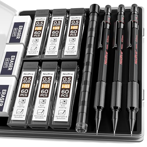Nicpro 0.5 mm Mechanical Pencil Set with Case, 3PCS Metal Pencils | MP2000 Heavy Duty Lead Pencil + 6 Tube HB Lead Refill, Eraser, Weatherproof Metal Barrel for Outdoor Writing Drafting Drawing - size: 0.5mm