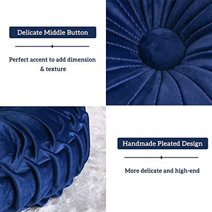 HIG Set of 2 Navy Velvet Decorative Round Pleated Throw Pillows - color: Navy