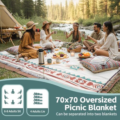RYCHIC 2 in 1 Extra Large Outdoor Rug Picnic Mat Woven Summer Throw Blanket Boho Giant Beach Travel Essential Yoga Accessories Park Patio Lawn Garden Grass Ground Play Music Festival Concert Must Have - color: Boho Beige
