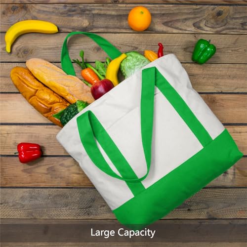 TOPDesign 1-Pack Canvas Tote Bag with an External Pocket, Reusable Grocery Shopping Bag, Top Zipper Closure, Daily Essentials (Lime Green/Natural) - color: Lime Green/Natural
