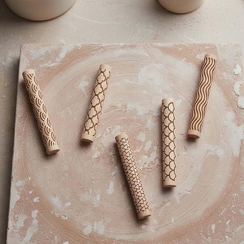 Clay Texture Rollers, 5 PCS 100mm Wooden Rolling Pins | Muimurex Wooden Clay Texture Rollers, 5 PCS 100mm Rolling Pins for Pottery, Ceramic, Polymer Clay, Sculpting & DIY Art, Set A - color: A