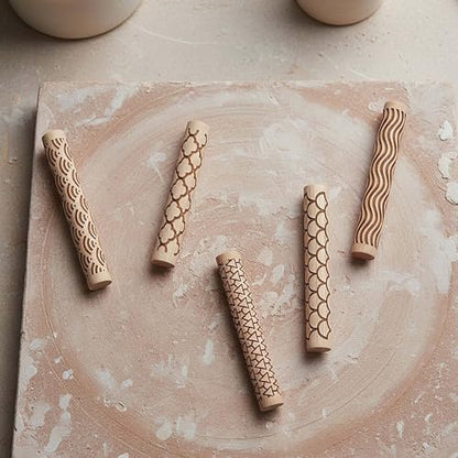 Clay Texture Rollers, 5 PCS 100mm Wooden Rolling Pins | Muimurex Wooden Clay Texture Rollers, 5 PCS 100mm Rolling Pins for Pottery, Ceramic, Polymer Clay, Sculpting & DIY Art, Set A - color: A