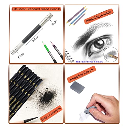 Heshengping 31 Drawing Sketching Pencils Kit, Portable Artist Supples Travel Case Set has Graphite, Charcoal, white color pencil, Blending Stump, gift for Adults Beginners for Drawing Sketch
