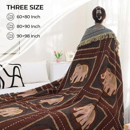Elephant Pattern Cotton Boho Throw Blanket for Bed with Tassels 90"×98" - color: Brown Elephant, size: 90"x98"