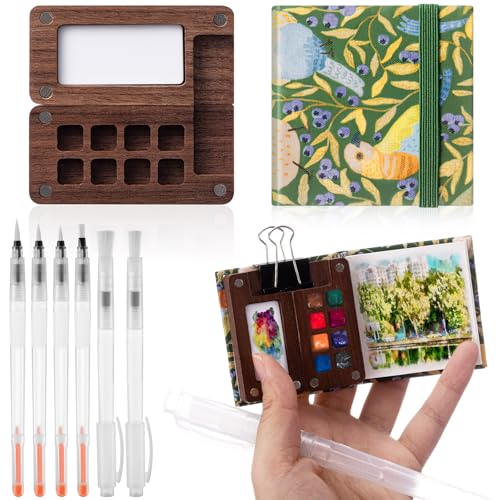 Qilery Mini Portable Watercolor Palette Set Wooden Grid Paint Box Watercolor Paper Sketch Book Brush Pens with Binder Clip for Painters Artist Not Include Paint(Bird) - style: Bird
