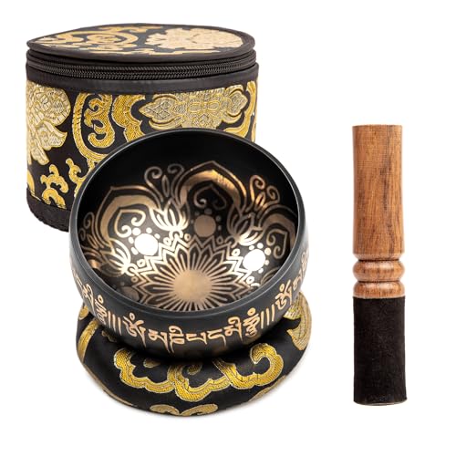 Tibetan Singing Bowl Set - 4" Easy To Play Authentic Handmade For Meditation Sound 7 Chakra Healing By HIMALAYAN BAZAAR (Black with Box, 4")