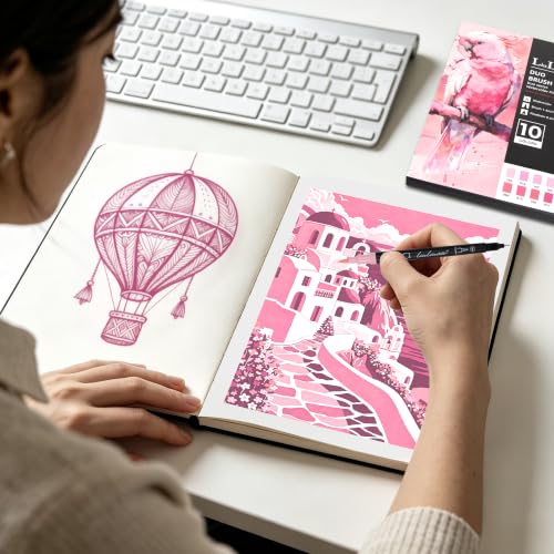 LIULIUCAI 10 Pink Dual Markers, Fine & Brush Tip Pen for Adult Coloring | Pretty Pink Marker, Coloring Pens for Valentine's Cards, Cherry Blossoms, Sweet Lettering, Floral Art, School Supplies - color: 10 Pink