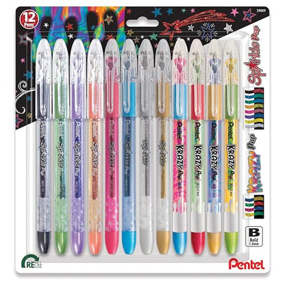 Pentel Sparkle and Krazy Pop, Metallic Gel Ink Pen, (1.0mm), Bold Line, Assorted Ink Colors, 12 count (K91BP12M)