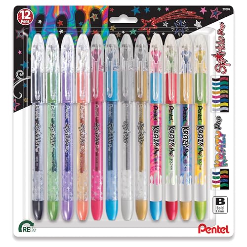 Pentel Sparkle and Krazy Pop, Metallic Gel Ink Pen, (1.0mm), Bold Line, Assorted Ink Colors, 12 count (K91BP12M)