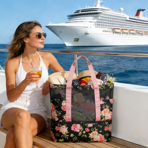 Mesh Tote Beach Bag with Leakproof Wet Compartment - color: Rose