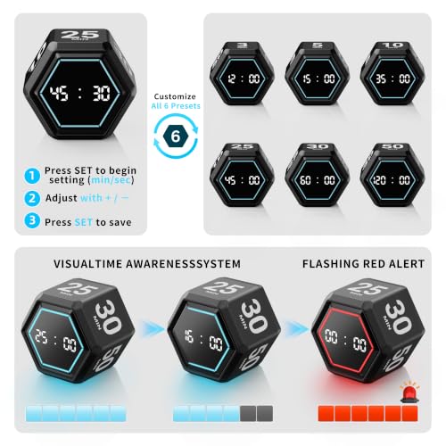 Visual Productivity Timer with Stopwatch, 5 & 25 Minute Presets | 6 Presets 3, 5, 10, 25, 30 & 50 Minutes with Silent, Vibration and Sound Alerts for ADHD, Study, Work and Classroom - color: Black