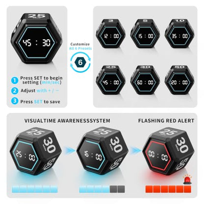 Visual Productivity Timer with Stopwatch, 5 & 25 Minute Presets | 6 Presets 3, 5, 10, 25, 30 & 50 Minutes with Silent, Vibration and Sound Alerts for ADHD, Study, Work and Classroom - color: Black