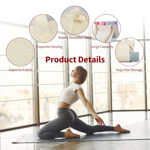 KIGI Canvas Tote Bag with YOGA Mat Carrier Pocket for Gym, Pilates, Workout, Beach and Office - color: Beige