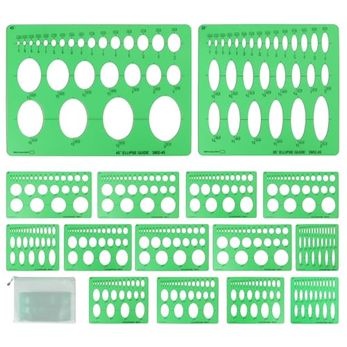 15 PCS Circle Template Set Plastic Circle and Oval Measuring Templates Series Ellipse Template for Students Professionals Precise Drafting with Storage Bag