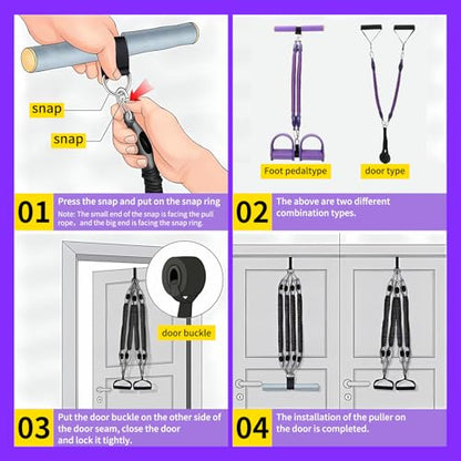 Multifunction Tension Rope, 2 Tubes Stretch Yoga Pedal Tension Strap, Adjustable Resistance, Tension Rope Fitness Equipment (Black) - color: Purple-4 Tubes
