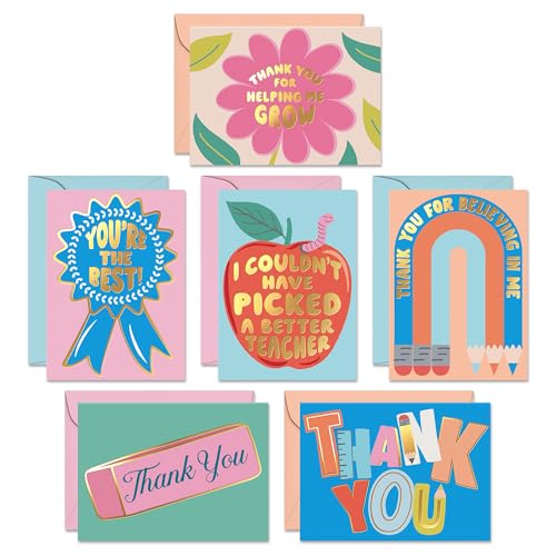 S&O Set of 24 School Teacher Appreciation Cards - 6 Assorted Thank You Notes - Cute Thanks Messages with Envelopes - Kids Grateful Designs for Mentor & Coach - Gratitude for Professors - color: Creative Classroom