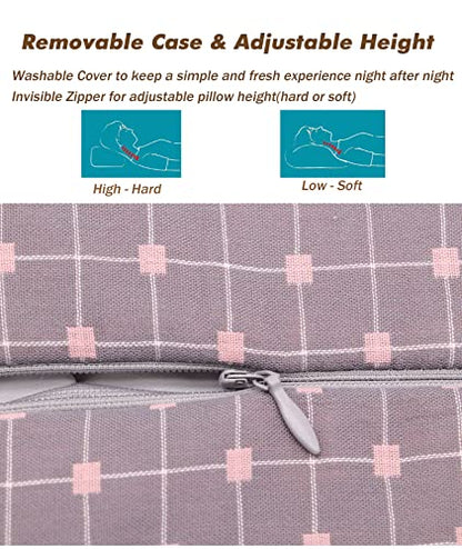 Upgraded Buckwheat Neck Pillows, Buckwheat Hull Pillow for Pain Relief, Pillow Cube for Sleeping with Zipper Washable Cotton Cover, Neck Support Meditation Cushion (18x10 Inch, Grey&Pink)