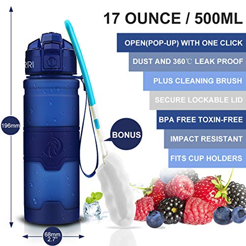 ZORRI Sports Water Bottle, 400/500/700ml/1L, BPA Free Leak Proof Tritan Lightweight Bottles for Outdoors,Camping,Cycling,Fitness,Gym,Yoga- Kids/Adults Drink Bottles with Filter, Lockable Pop Open Lid - color: Dark Blue, size: 17 Ounces