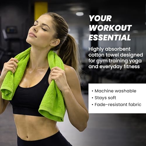 EOC Sports Towel 2 Pack, 100% Cotton, 12x51 in, Lime Green | Oeko-Tex certified, ultra absorbent, quick drying, for gym, fitness and yoga - color: Neon Green