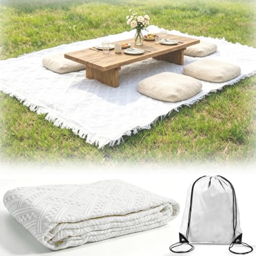 91'' x 71''Extra Large Outdoor Boho Picnic Blanket,Woven Cotton Yarn Blanket with Fringe for Boho Decor Camping Lawn Wedding Photoshoot Beach Park Grass (White) - color: White