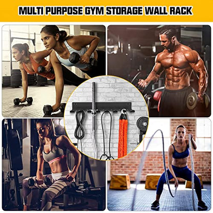 Wall Mount Gym Storage Rack, Heavy Duty Alloy Steel Workout Organizer with Carabiners, Hanging Holder for Yoga Mat Foam Roller Resistance Bands Jump Rope, Black
