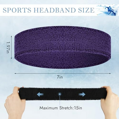 4 Pack Cotton Terry Sweat Headbands for Men Women Running Gym - color: Black/Gray/Purple/White