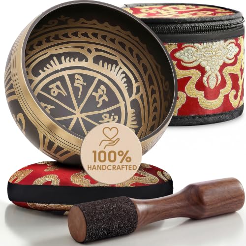 Silent Mind Tibetan Singing Bowl Set – Easy to Play & Beginner Friendly Meditation Bowl with Cushion, Mallet & Case | Stress Relief & Mindfulness | Gift-Ready - color: Antique Light Brown, size: With Case