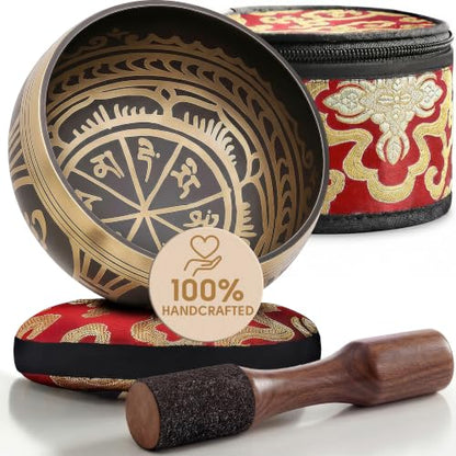 Silent Mind Tibetan Singing Bowl Set – Easy to Play & Beginner Friendly Meditation Bowl with Cushion, Mallet & Case | Stress Relief & Mindfulness | Gift-Ready - color: Antique Light Brown, size: With Case