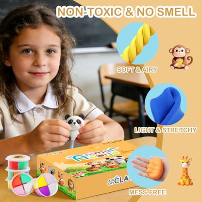 Air Dry Clay Kit - 12 Animal Modeling Clay for Kids, Complete DIY Clay Craft Set with Sculpting Tools & Step-by-Step Tutorials, Ultra Soft & Non-Sticky Clay, Children's Day Gift Ideas - color: Clay Animals kit