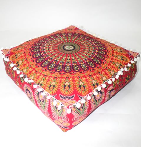 CRAFT KALA Red Peacock Large Hippie Mandala Meditation Floor Ottoman Pillow Cushion Pouf Cover Square Poufs Bohemian Circle Floor Cushion Case Outdoor Fireplace Yoga Living Room Decor Cover 18" Square - color: Red, size: 18"D x 18"W x 5"H