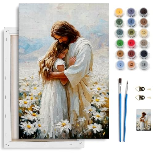 Spandrel Jesus Framed Paint by Numbers Kit for Adult, Jesus Hugging Woman Adult Paint by Number Kits on Canvas, DIY Acrylic Oil Christmas Painting by Numbers for Home Wall Decor, 8x12in - color: Jesus Hugging Woman, Christian
