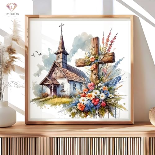 LMBADA Floral Cross Diamond Art Kit for Adults, Diamond Painting 12x12 Inch | 5D Church Diamond Painting Kit, DIY Crystal Gem Art, Round Full Drill, Relaxing Craft Home Wall Decor Gift, Beginner