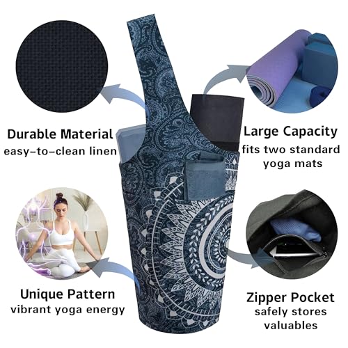 Yoga Mat Bag Carrier for Women with Side Large Pocket Durable Linen Workout Gym Travel Storage Pilates Mats - color: Mandala Circle