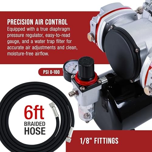 Master Airbrush TC-828 Airbrush Compressor with Tank- 1/3 HP Quad Cylinder, 4L Air Tank, 78L/Min Flow, Multi-Airbrush & Spray Gun Support, True Diaphragm Regulator, Portable - Ideal for Artists - style: Quad Piston with Tank
