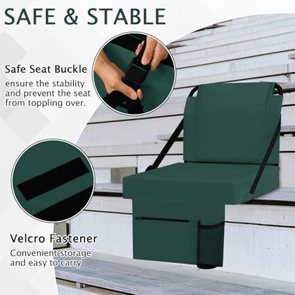 2pcs Stadium Seat for Bleachers with Back Support，Portable Bleacher Chairs with Back and Cushion，Includes Shoulder Strap and Cup Holder - color: Green,2 Pack